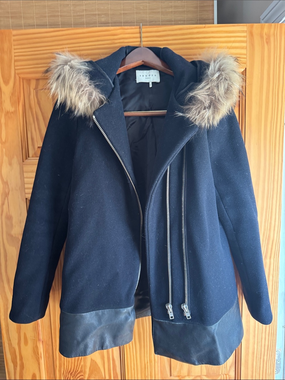 Sandro Black Wool-Blend Hooded Pea Coat with Faux Fur Trim